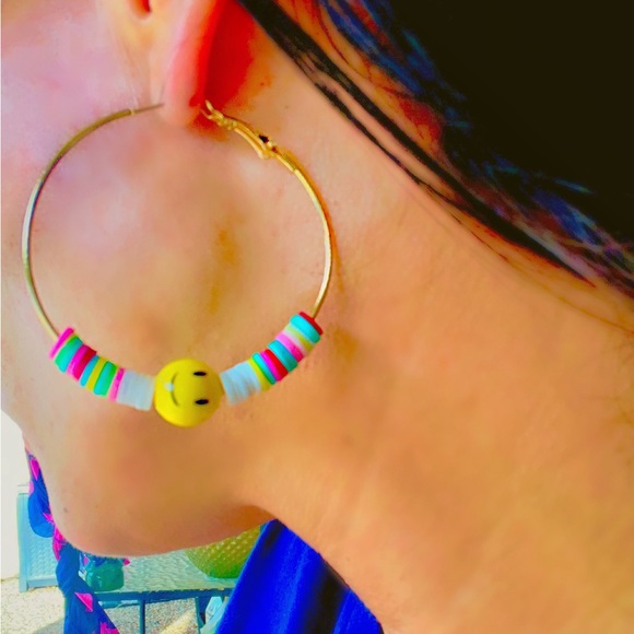 Oh Happy Day, Gold Hoop Smiley Face Colorful Beaded Earrings - Picture 2 of 11